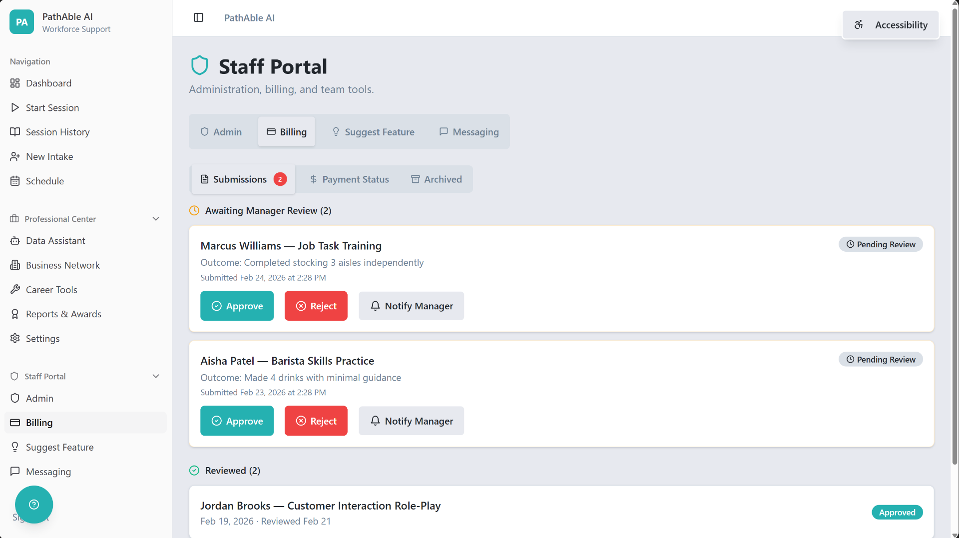 PathAble AI billing and submissions management dashboard showing pending reviews and approval workflows